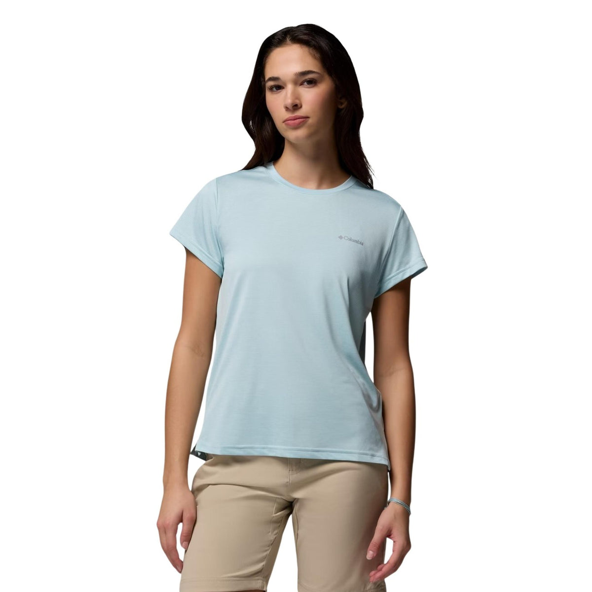 Columbia BlueVista Hill™ Tech T-shirt; tecnologia Omni-Wick™, orlo posteriore allungato, ventilazioni laterali. La maglia tecnica perfetta per escursioni e outdoor. Colore azzurro vista frontale