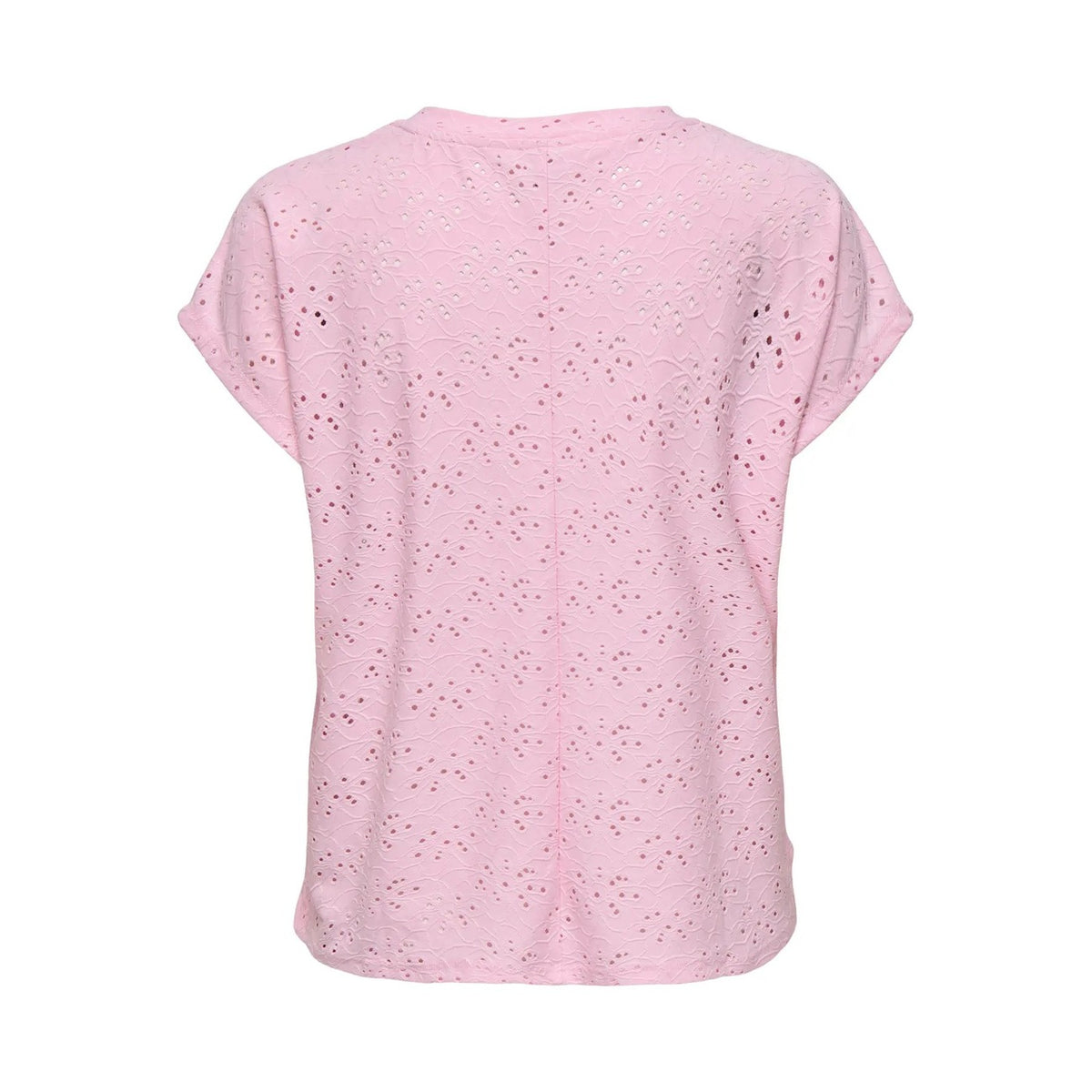 T-shirt Only donna rosa modello 15231005. Maglietta a maniche corte regular fit con scollo tondo, dettagli di pizzo e risvolto sulle maniche, top estivo casual e romantico della collezione primavera estate.