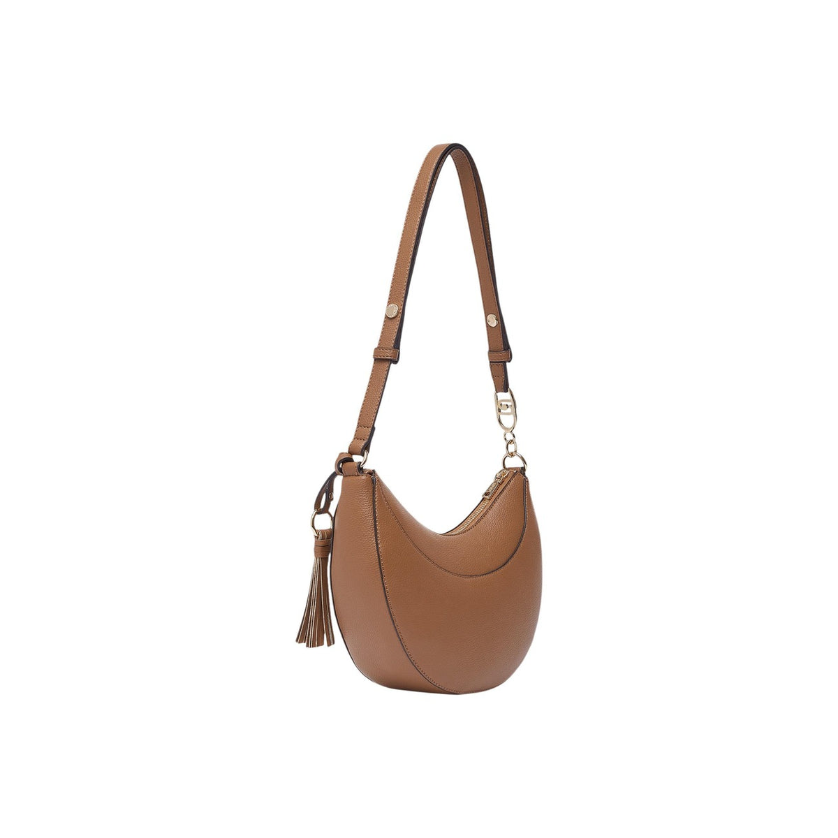 Borsa Hobo Liu Jo ECS M; 100% Poliuretano Marrone. Stampa bottalata, catena logo LJ, chiusura con zip e tracolla. Prodotto eco-friendly "Liu Jo Better". Vista posteriorebl