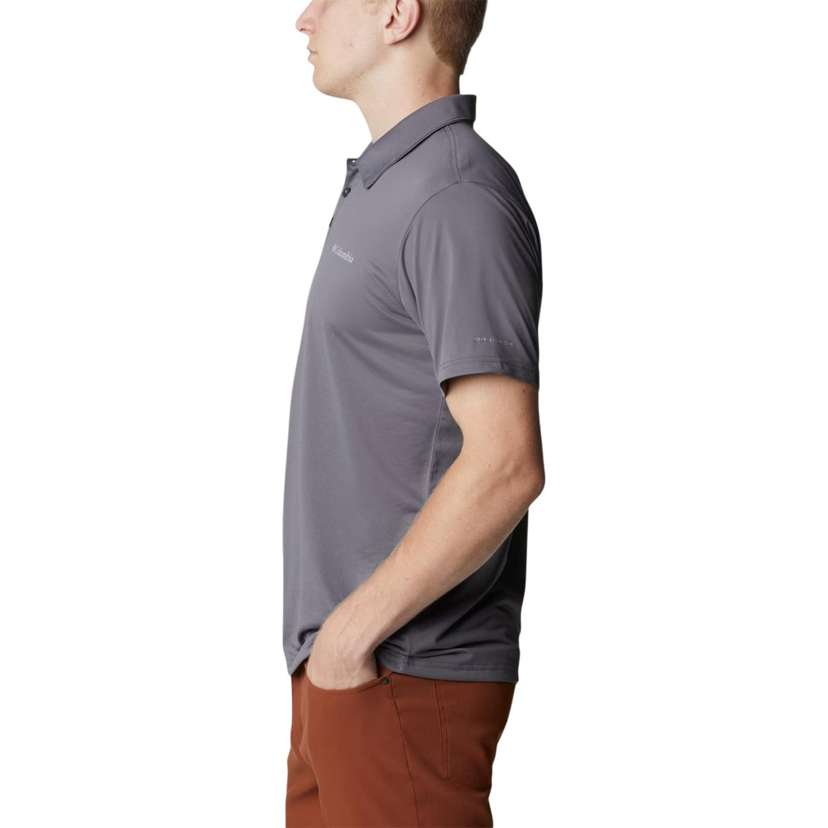Polo Tecnica Omni-Wick™; maglia jacquard, anti-odore, traspirante. Comfort tecnico per le tue avventure outdoor e la vita in città. Colore grigio. Vista laterale