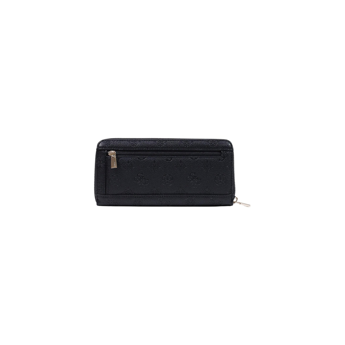 Portafoglio Guess donna nero grande modello SWPD97 46146. Portafogli rettangolare con cerniera perimetrale in ecopelle nera logata in rilievo, dotato di scomparti interni per carte e monete, logo dorato e laccetto da polso, stile elegante.
