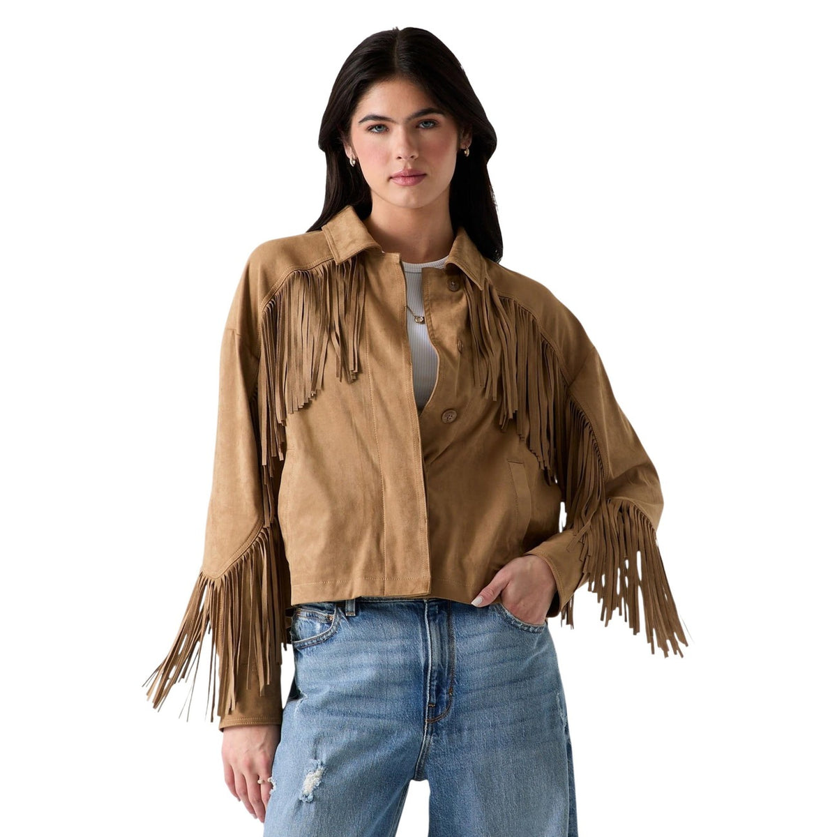 Giacca cropped Guess con frange; misto poliestere stretch, colletto classico, design dinamico. Stile audace e contemporaneo. Vista frontale