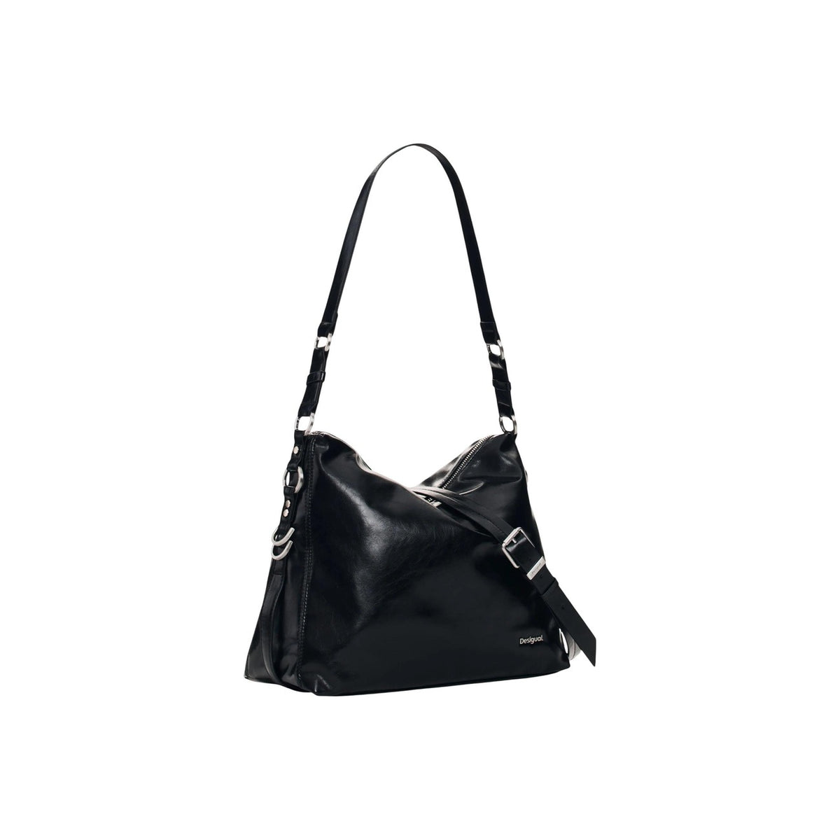 Borsa Desigual donna nera modello BAG_NEXUS LUMA. Borsa a spalla media in ecopelle nera liscia con struttura morbida, chiusura a zip e manico lungo regolabile per porto a braccio o a spalla, borsa hobo casual e versatile da giorno.