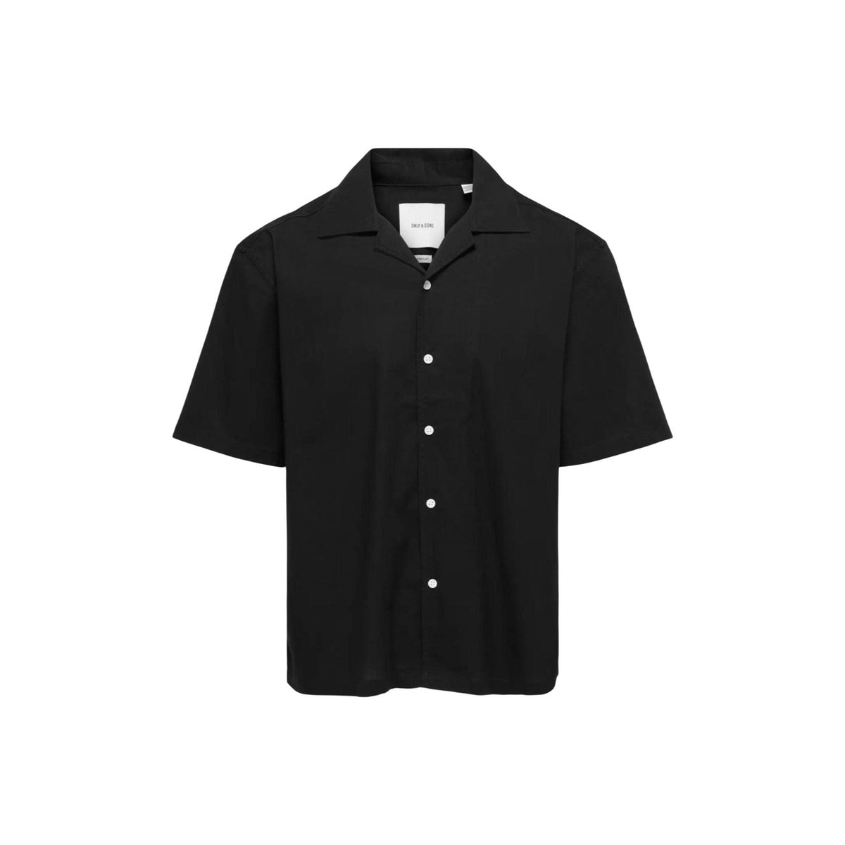 Only & Sons Onsreid Resort Shirt; cotone stretch, maniche corte, colletto classico, bottoni a contrasto. La camicia essenziale per il tuo stile estivo. Colore nero vista Frontale