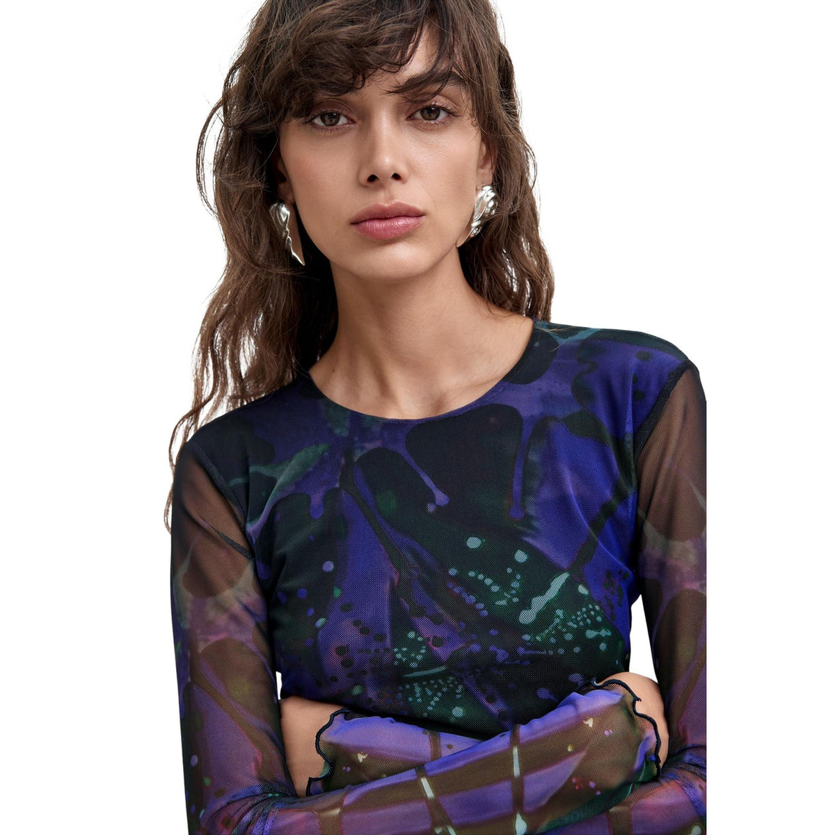 Maglia tulle Desigual Christian Lacroix donna viola TS_DOTS LEAF. T-shirt a maniche lunghe aderenti in mesh trasparente con stampa botanica a foglie, scollo rotondo, collezione autunno inverno.