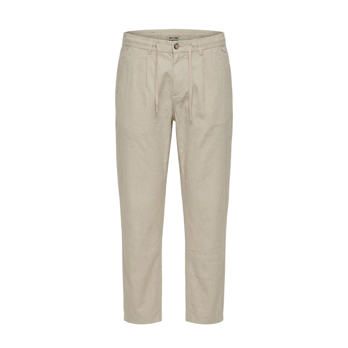 Pantaloni Only & Sons Onslee Tapered; 55% cotone, 25% lino, 20% cotone riciclato. Coulisse in vita, pinces, tasche laterali. Pantalone estivo leggero, traspirante e raffinato. colore beige vista frontale