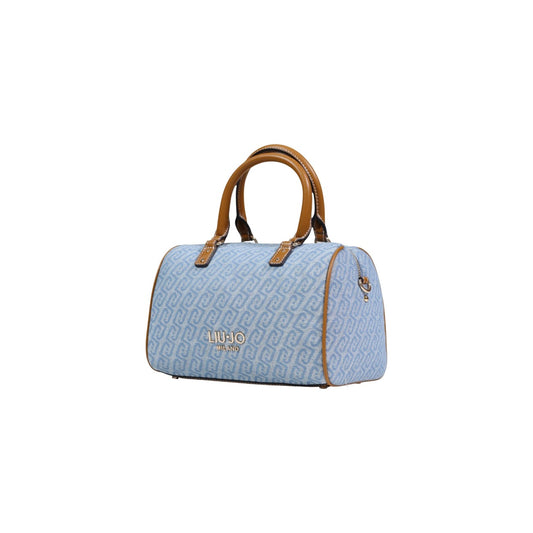 Borsa Satchel Liu Jo S; 80% Cotone, 20% Poliestere. Motivo monogramma all-over, manici rigidi, tracolla removibile e zip. Borsa donna media, chic e funzionale. Vista frontale laterale colore denim