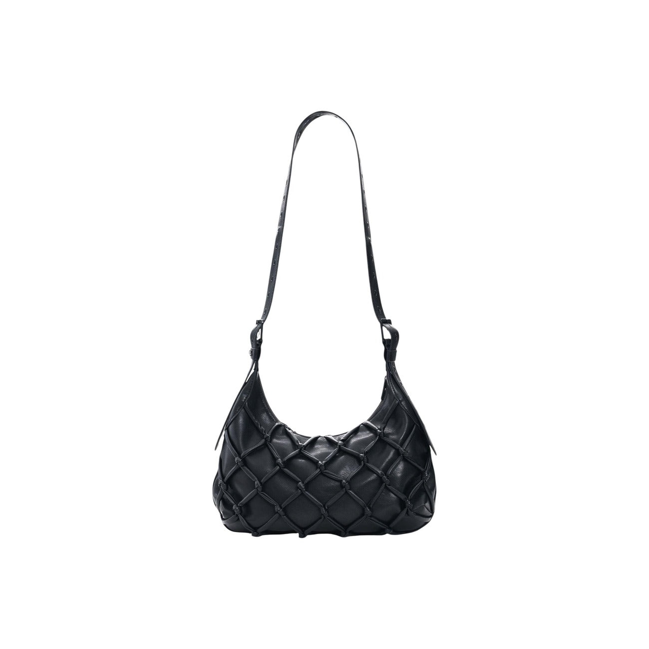 Borsa piccola con tracolla estensibile, applicazione a fiore e dettagli di linee in stile red, con effetto pelle a forma di rombo. Vista posteriore retro con tracolla