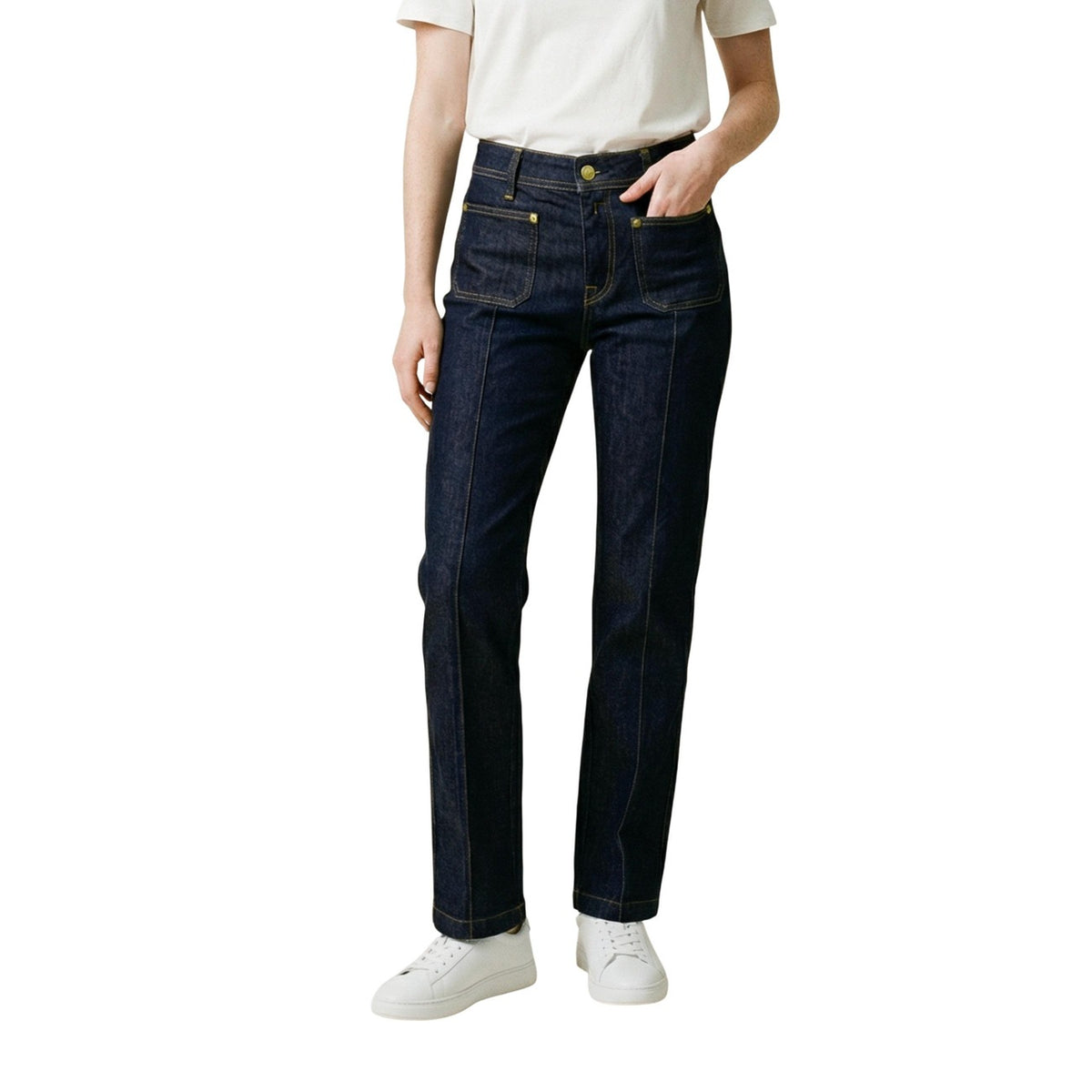 Replay Jeans Donna Sigaretta Dark-Blue; vita alta, tessuto elasticizzato premium, taglio slim. Il jeans scuro elegante e versatile per ogni stagione. Vista frontale