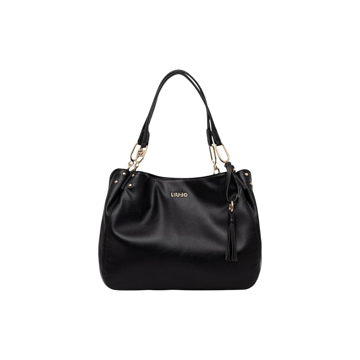 Liu Jo M Satchel AA6185; borsa media nera in PU con charm a frangia e dettagli dorati. Doppio manico, capiente e ideale per occasioni speciali o lavoro. Vista frontale