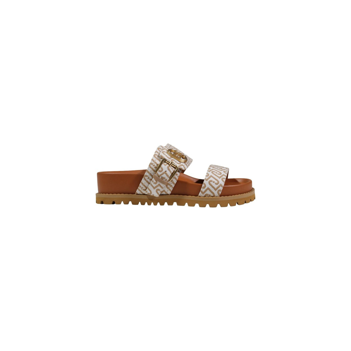 Sandali Jacquard Logati; suola dentellata 4,5 cm, fascette regolabili, logo metallico. Il sandalo platform dal design tecnico-urbano. Vista laterale