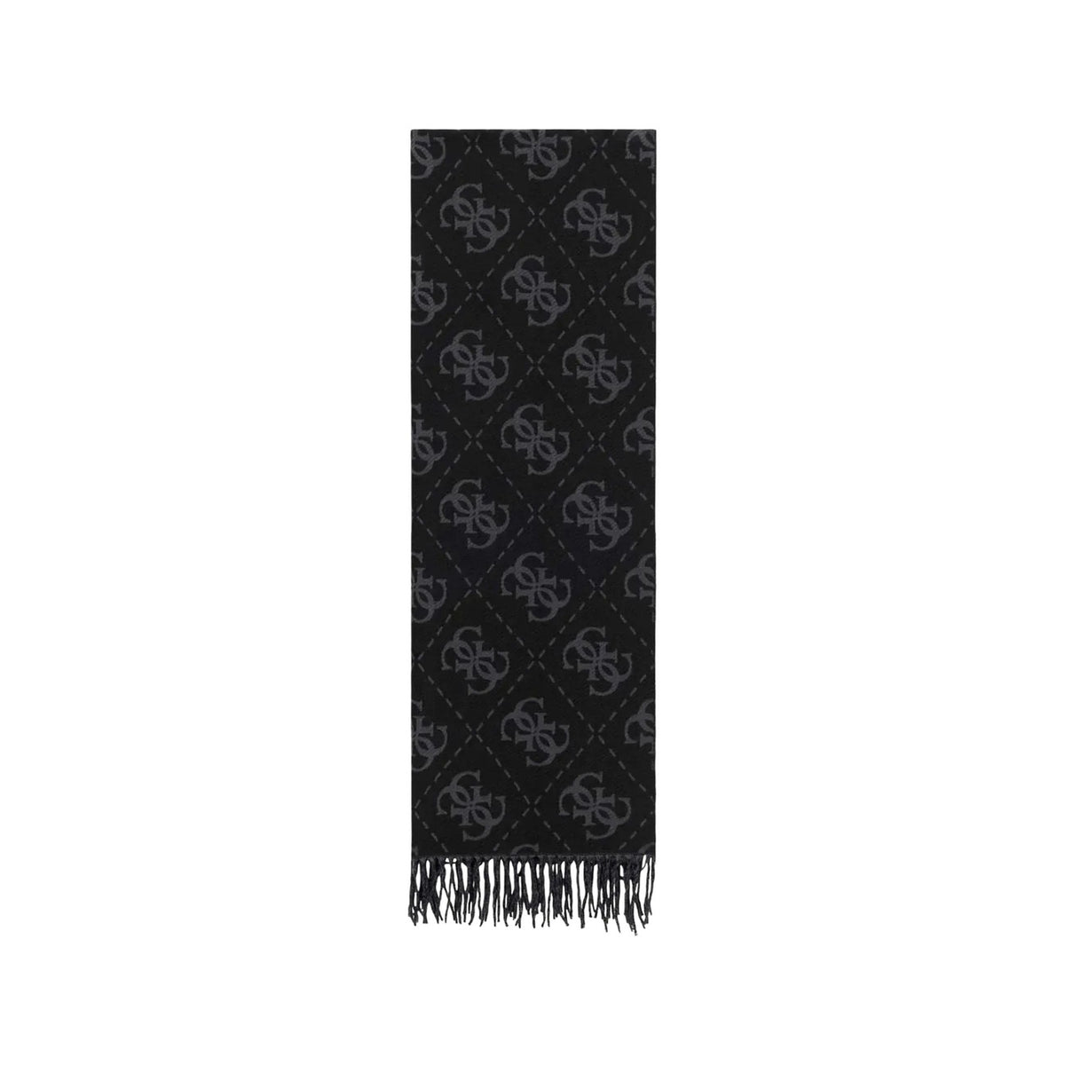 Sciarpa Guess donna logo all over AW5217 VIS03. Stola invernale bicolore in maglia morbida con loghi Guess, estremità con frange e misure 94x100 cm, collezione autunno inverno. Nero