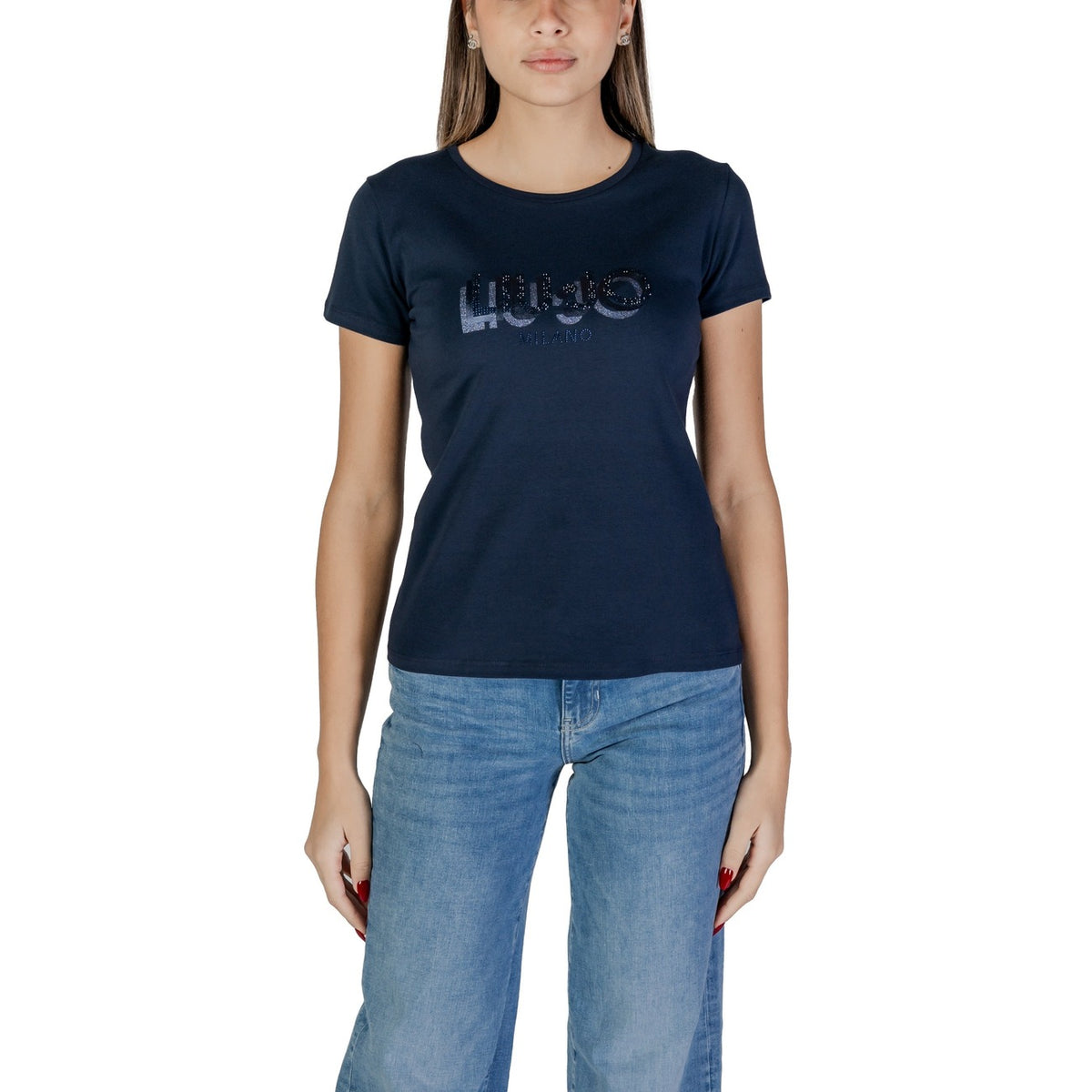 T-shirt Liu Jo donna blu maniche corte scollo tondo 95% cotone 5% elastan - vista frontale indossata da modello