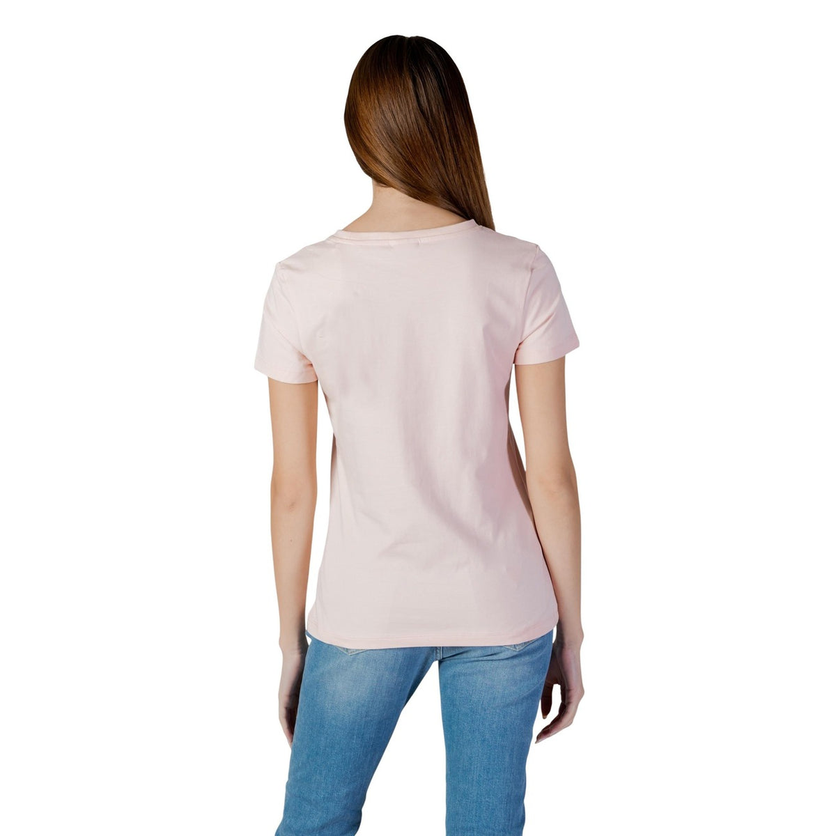 T-shirt Guess Active BRIANA SS donna rosa con stampa maniche corte scollo tondo 95% cotone 5% elastan - vista posteriore retro indossata da modello