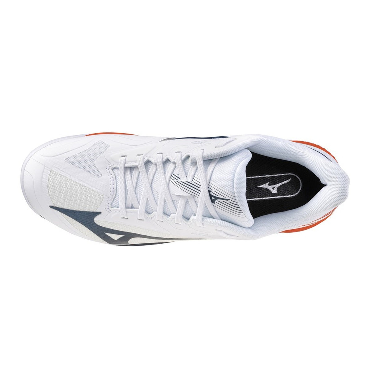 Scarpe da tennis Mizuno Wave Exceed Court CC bianco blu arancione. Calzature traspiranti da padel e tennis per movimenti rapidi, con tecnologia Mizuno Wave, soletta reattiva e logo RB laterale.