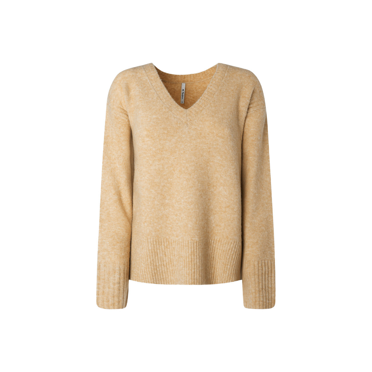 maglione Pepe Jeans Denisse V-Neck in beige, realizzato in misto lana con scollo a V e polsini a coste. Vista frontale stesa