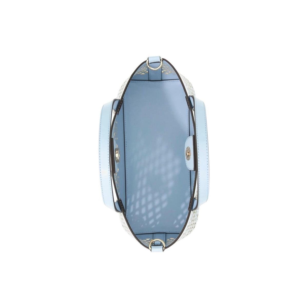 Guess Letty HWPG99 11750, mini tote traforata con pochette azzurra interna estraibile; doppia portabilità a mano o al braccio, logo iconico e design contemporaneo in 100% poliuretano. Vista dall’alto