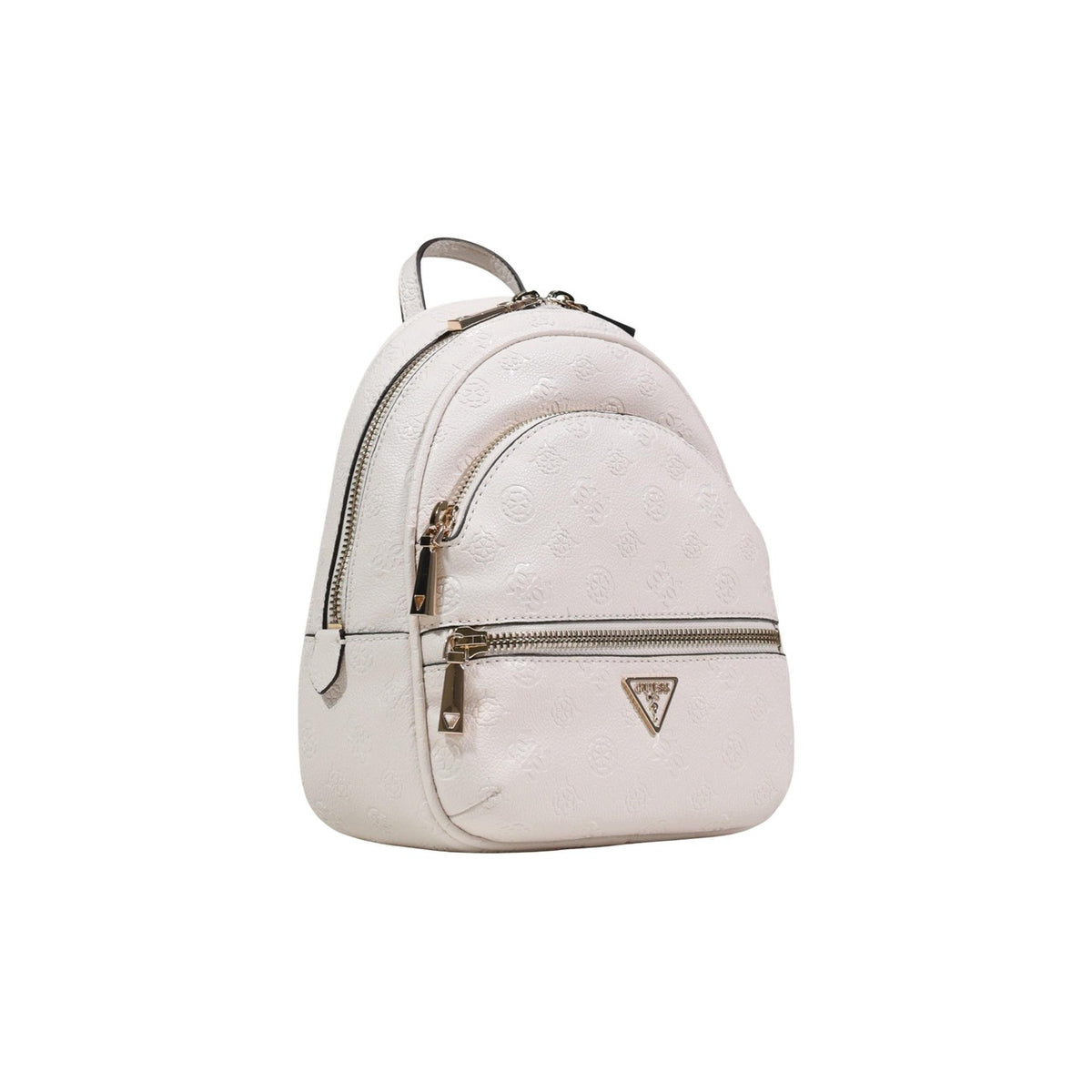 Guess Manhattan II Backpack; zaino bianco con dettagli dorati, doppia zip e scomparti interni, stile contemporaneo e dimensioni medie perfette per contenere tutti gli essenziali quotidiani. Vista frontale Laterale