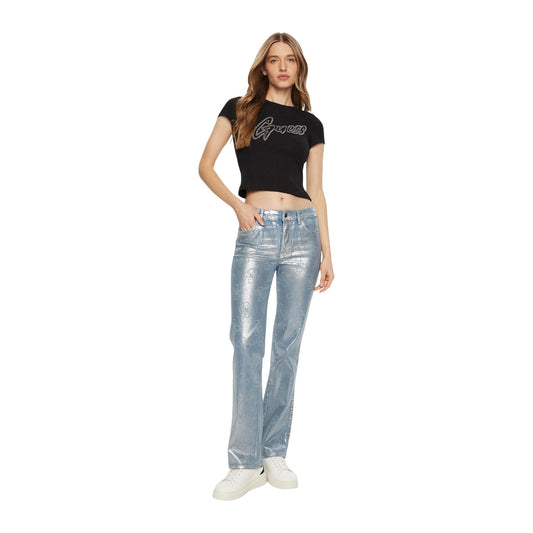 T-shirt Guess donna nera a costine modello W5RI68 KA0H1. Maglietta a maniche corte girocollo nera in cotone stretch con logo Guess frontale decorato da micro borchie lucide, t-shirt casual con dettagli luminosi.