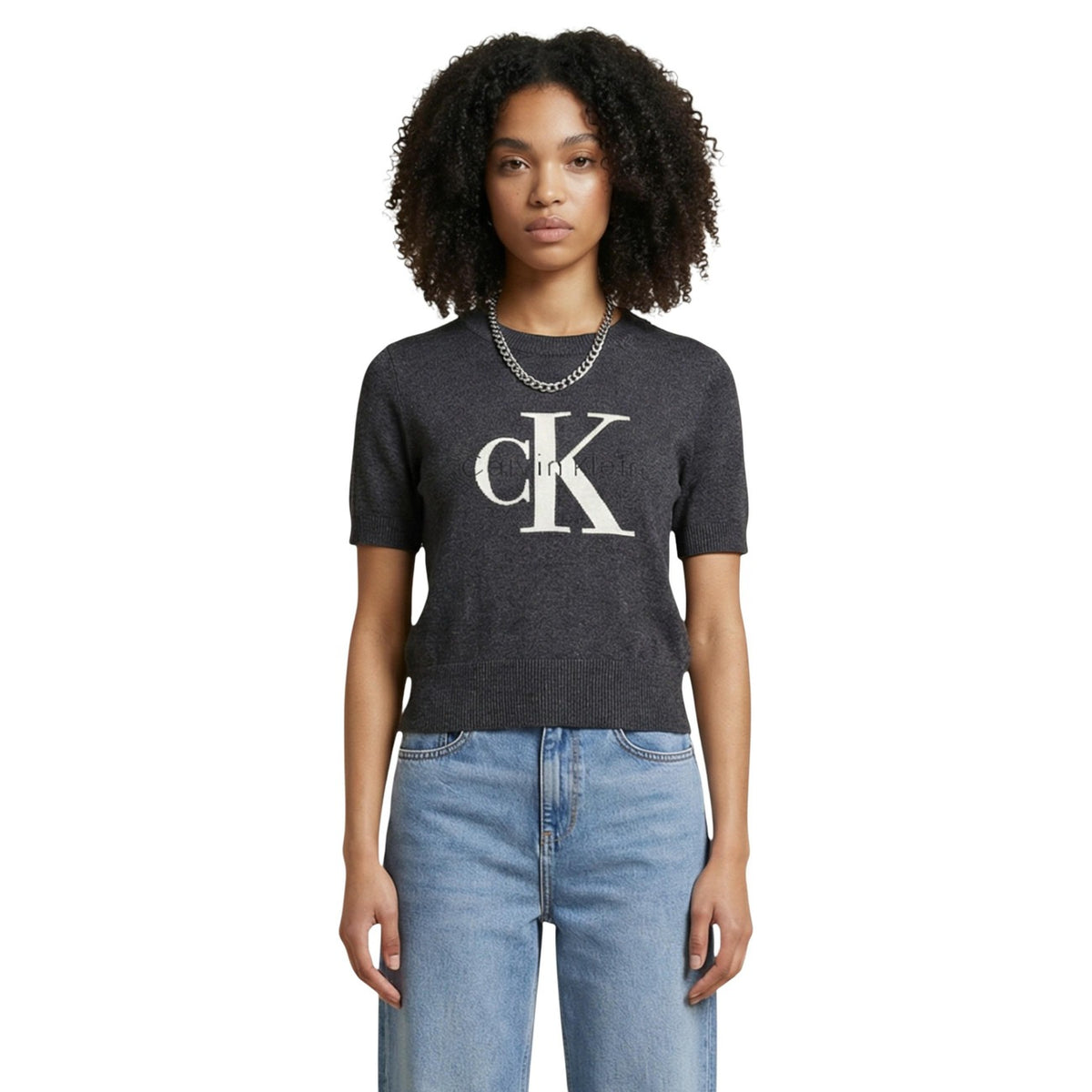 Maglione Calvin Klein Jeans monologo corto donna grigio con stampa logo manica corta scollo tondo 100% cotone - vista frontale indossato da modello