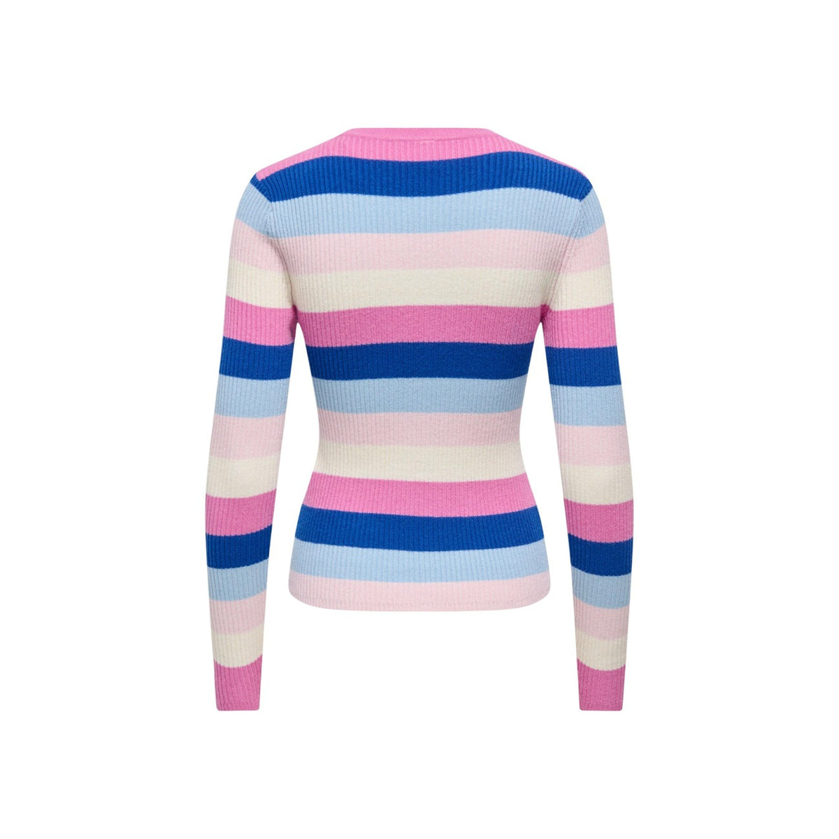 Maglia a righe azzurro rosa donna Only ONLIBI LS O-NECK RIB 15377948. Maglioncino leggero elasticizzato a costine slim fit con fibre riciclate.
