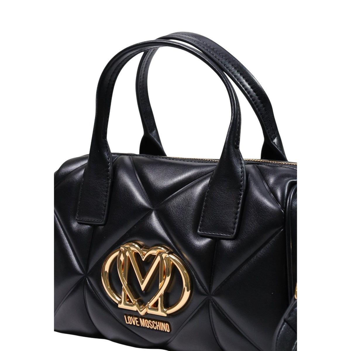 Borsa Love Moschino donna nera a mano modello JC4034PP1. Bauletto medio nero trapuntato in ecopelle con doppi manici corti, logo metallico dorato con cuore e zip, stile elegante, chic e da giorno o sera.