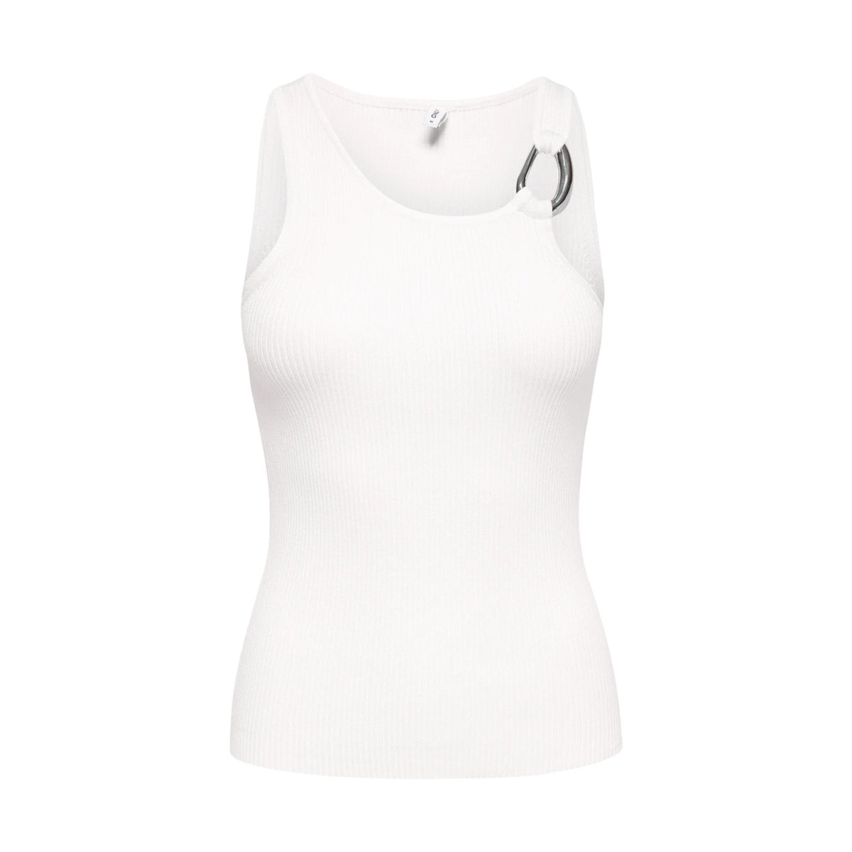 ONLY Onlmeddi Knit Top; smanicato, girocollo, viscosa EcoTang™ sostenibile. Il top basic indispensabile per un outfit femminile ed elegante. Colore bianco. Vista frontale Stesa