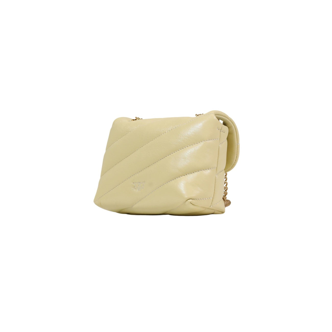 Borsa Pinko Love Puff Baby Giallo; 100% Pelle Nappa. Design trapuntato soffice, fibbia dorata Love Birds, tracolla a catena. Formato piccolo (19cm), stile 4 stagioni elegante.