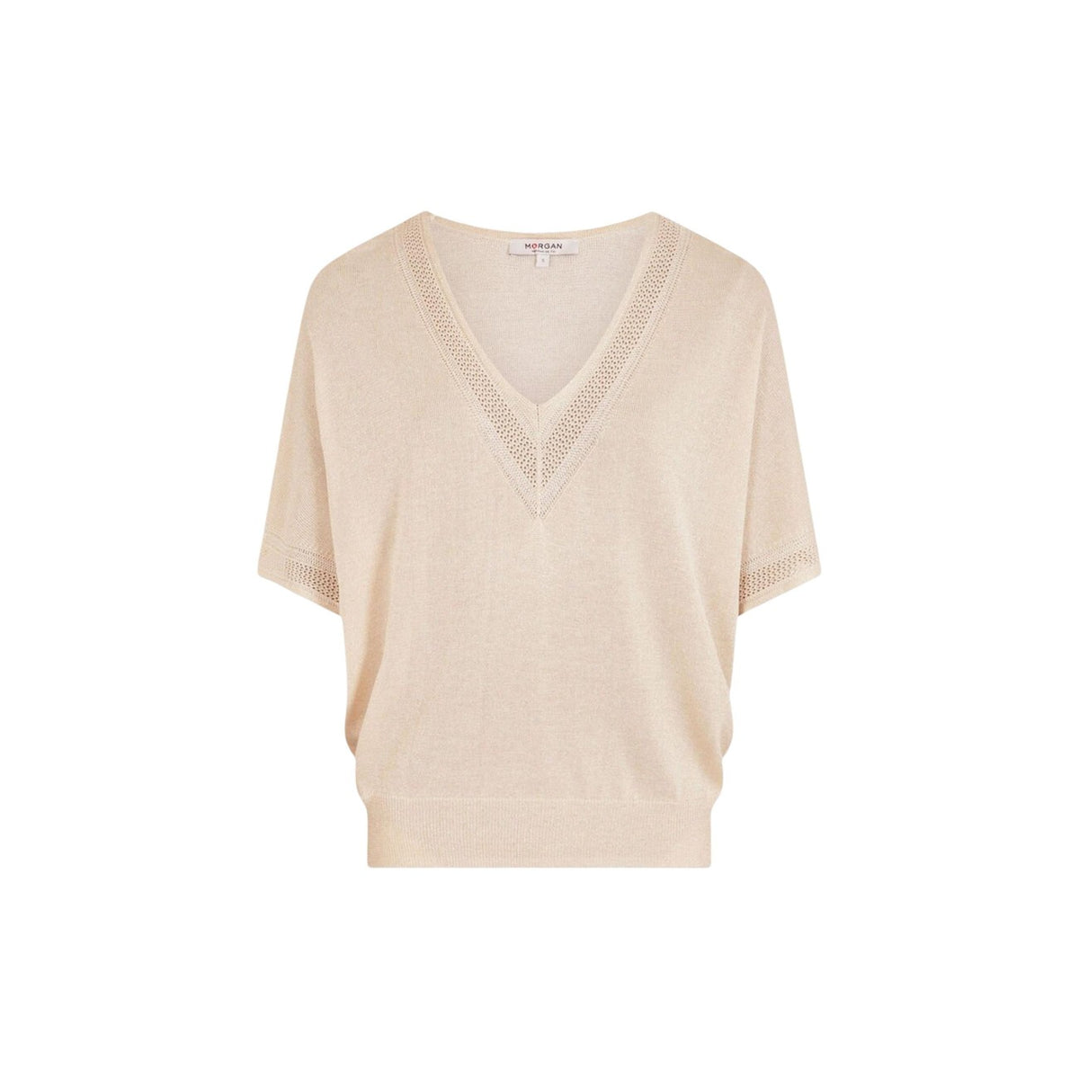 Morgan De Toi 241-MCHRIS, maglia donna in filo beige metallizzato; composizione in viscosa e metallo, manica corta, stile pull-on versatile e luminoso. Vista frontale Stesa
