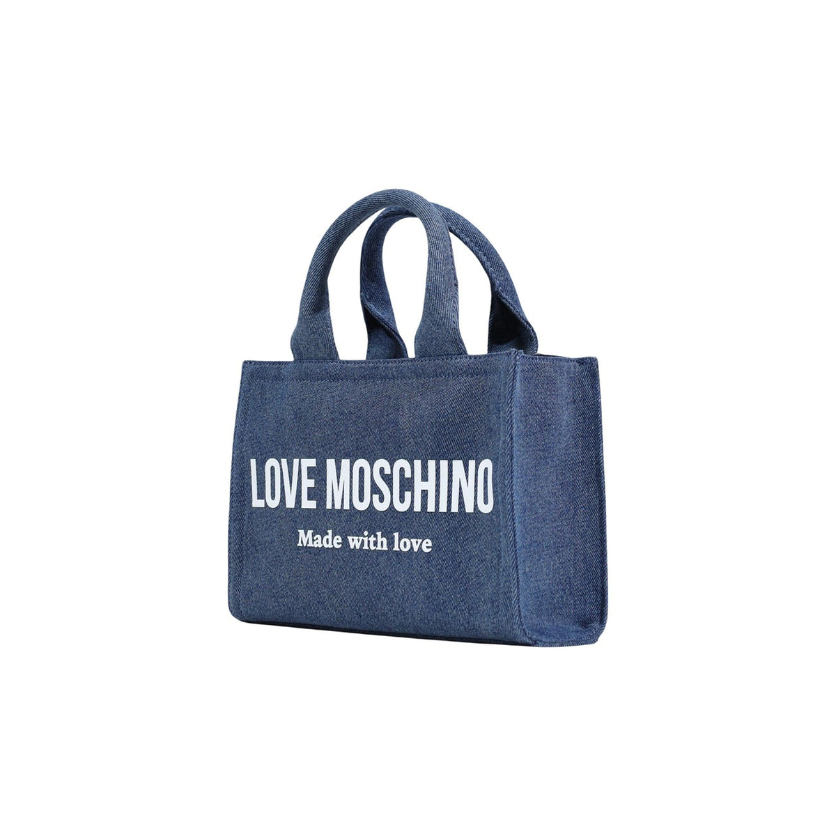 Borsa Love Moschino donna blu bauletto modello JC4055PP1. Borsetta media a mano in tela blu scuro con doppi manici, logo stampato bianco e scritta motto sul davanti, stile casual chic ed elegante.