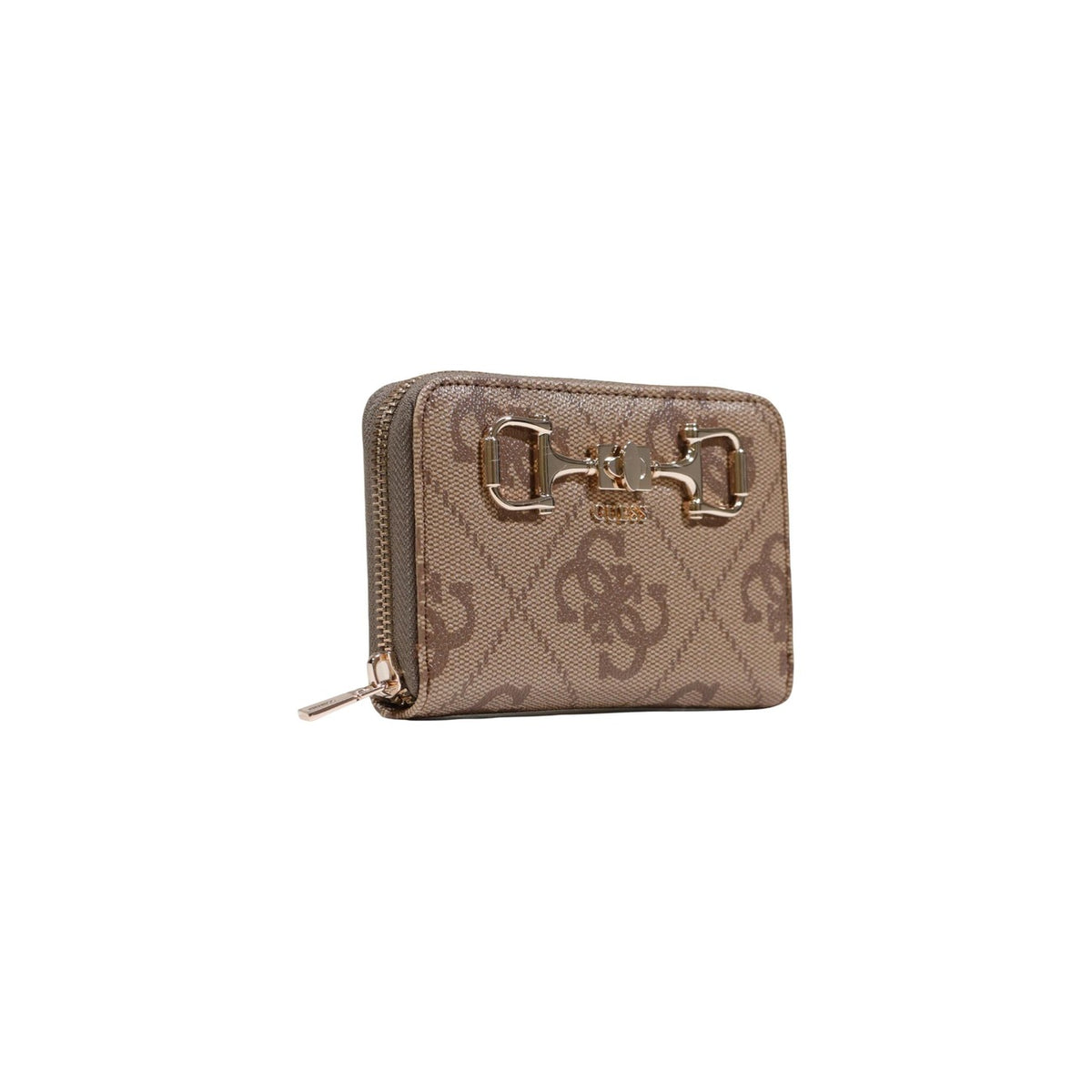 portafoglio piccolo Guess Janie Logo Zip Around color beige scuro dimensioni 14x9x2.5 cm vista frontale Laterale