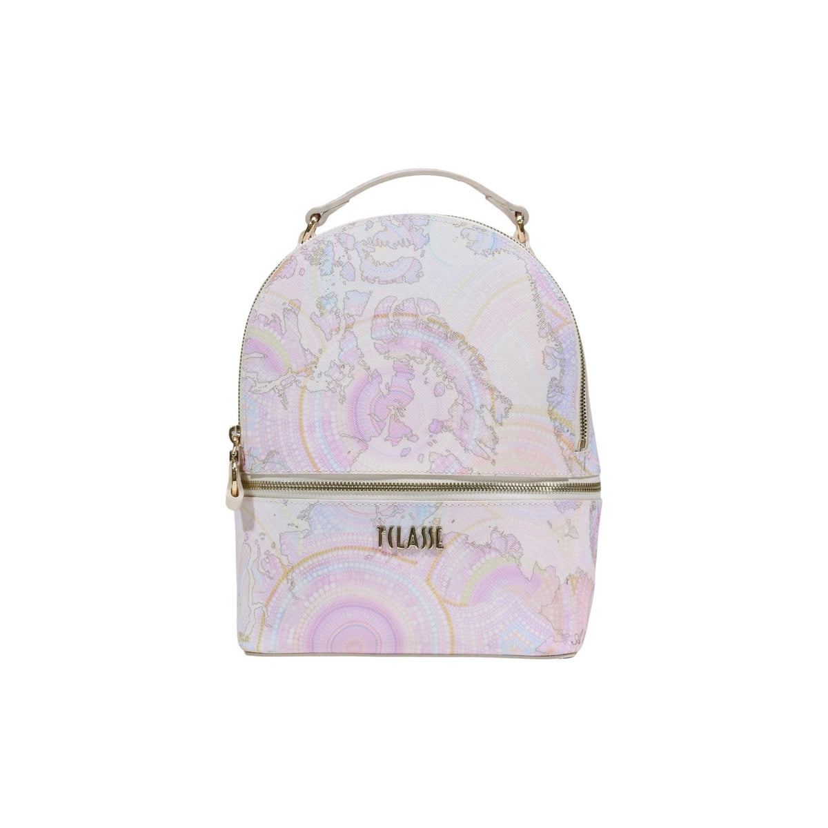 Zaino Alviero Martini Prima Classe LE71, stampa geografica colori chiari e pastello, hardware dorato e doppia tasca frontale; capiente zaino da donna in tessuto spalmato di alta qualità. Vista frontale