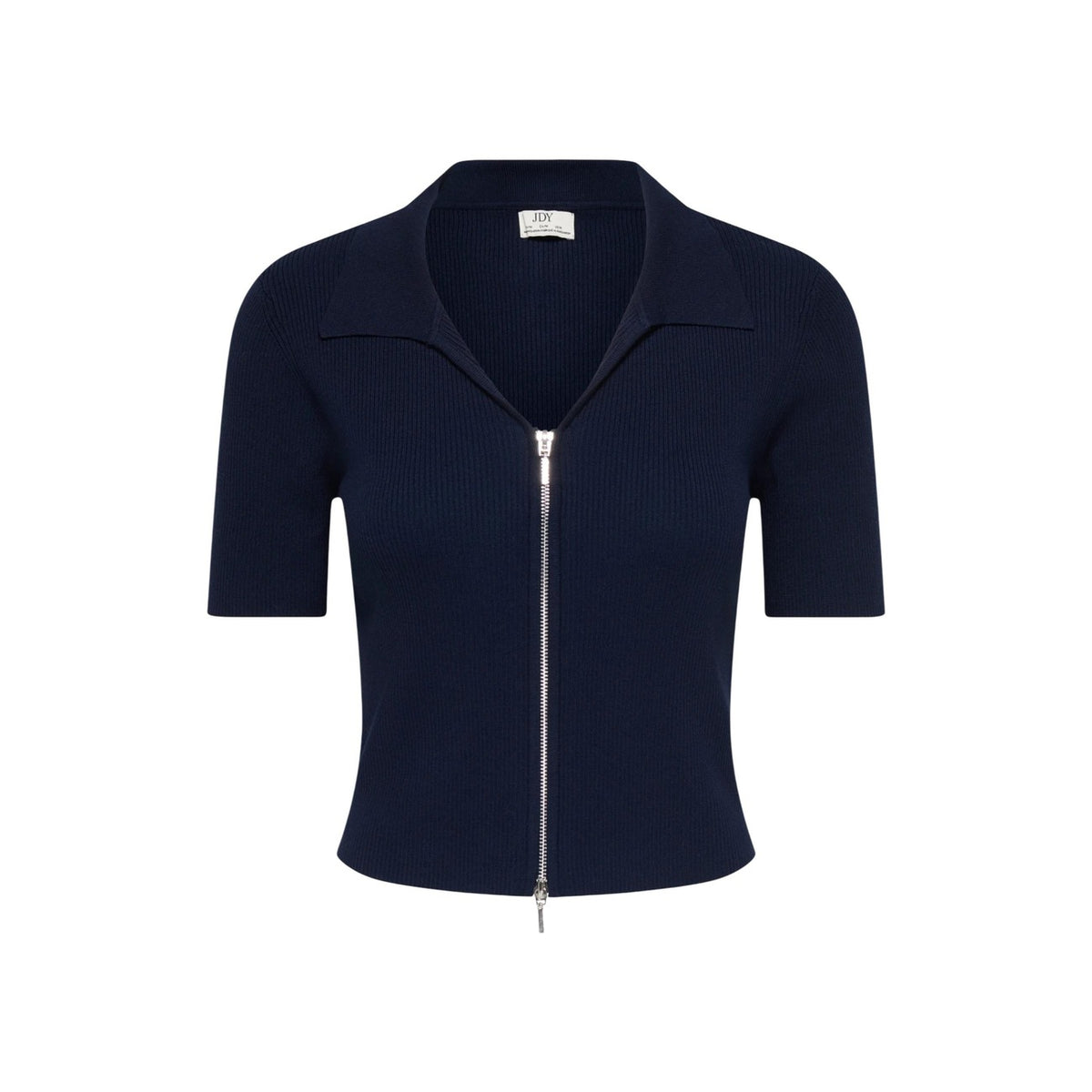 Cardigan JDY Jdynanna; 80% viscosa, 20% nylon, lavorazione a costine. Maniche corte, colletto classico, chiusura con zip. Maglia elastica, traspirante e antipiega per outfit quotidiani. Colore blu. Vista frontale