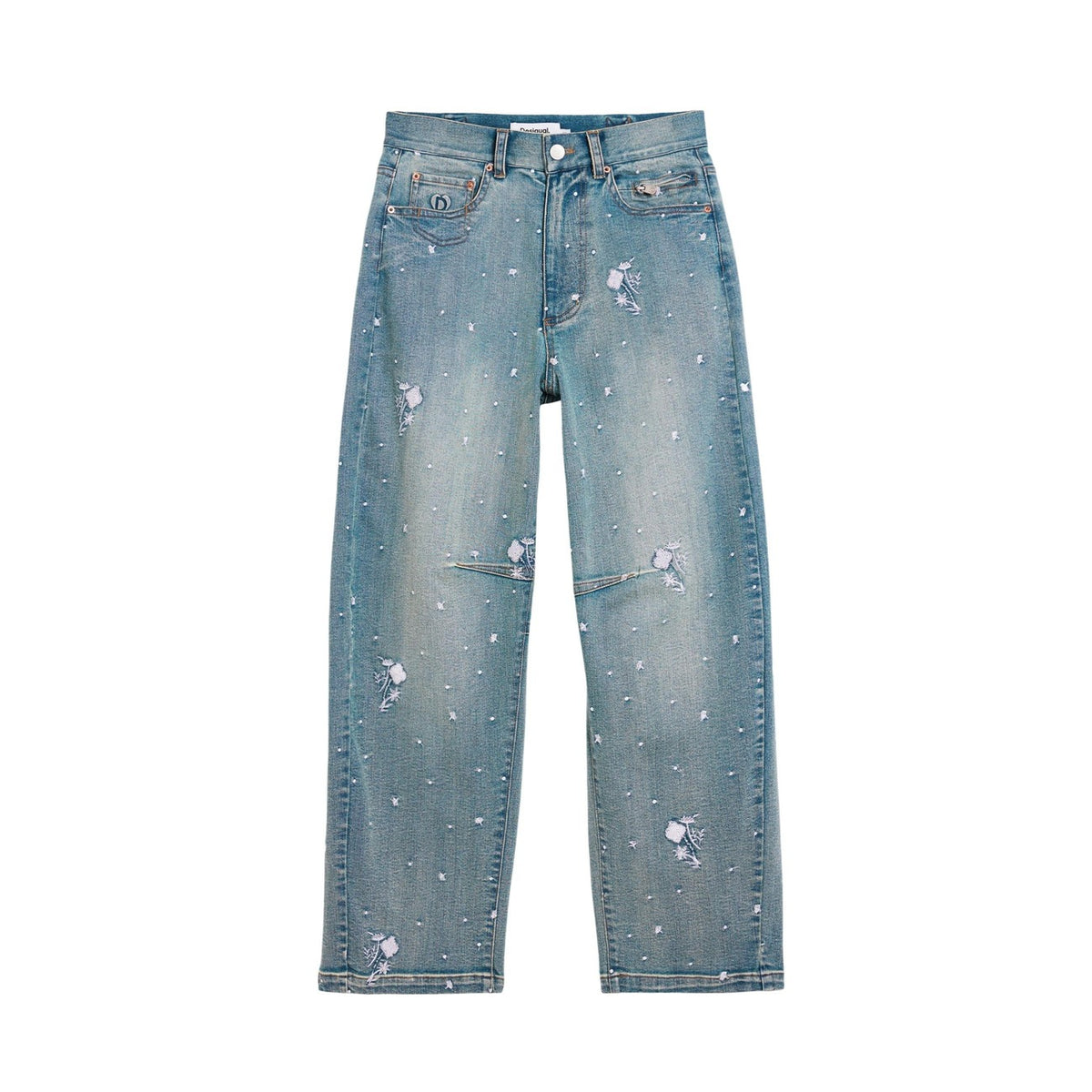 Jeans in stile balloon con cuciture decorative, dettagli ricamati e passante regolabile in vita. Vista frontale stesa