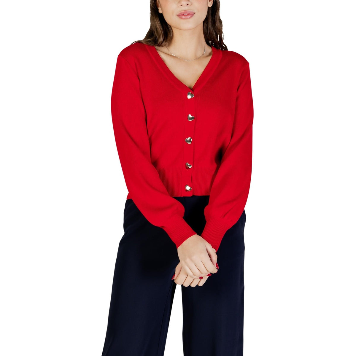 Cardigan Morgan De Toi donna rosso con bottoni manica lunga scollo a V 50% viscosa 28% poliestere 22% poliammide - vista frontale indossata da modello figura intera