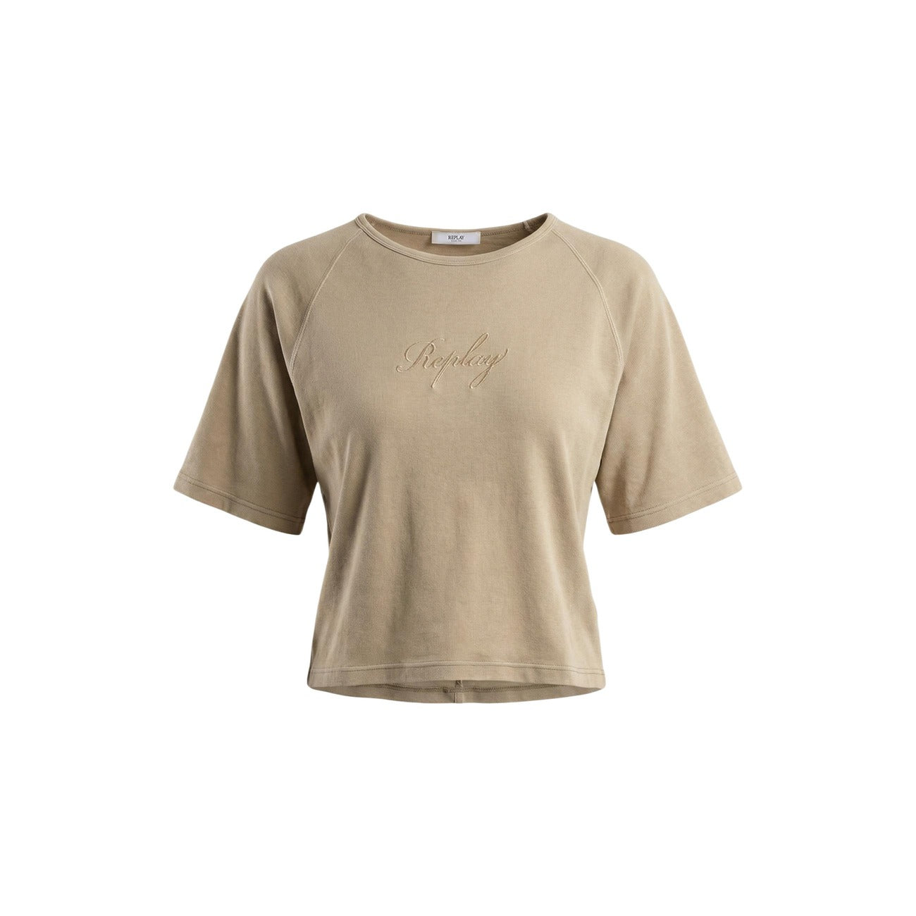 T-shirt Replay Beige Cropped; 100% Cotone. Vestibilità oversize, maniche raglan, logo ricamato. Modello corto ideale per la mezza stagione e l'estate. Stile casual e moderno. Vista stesa