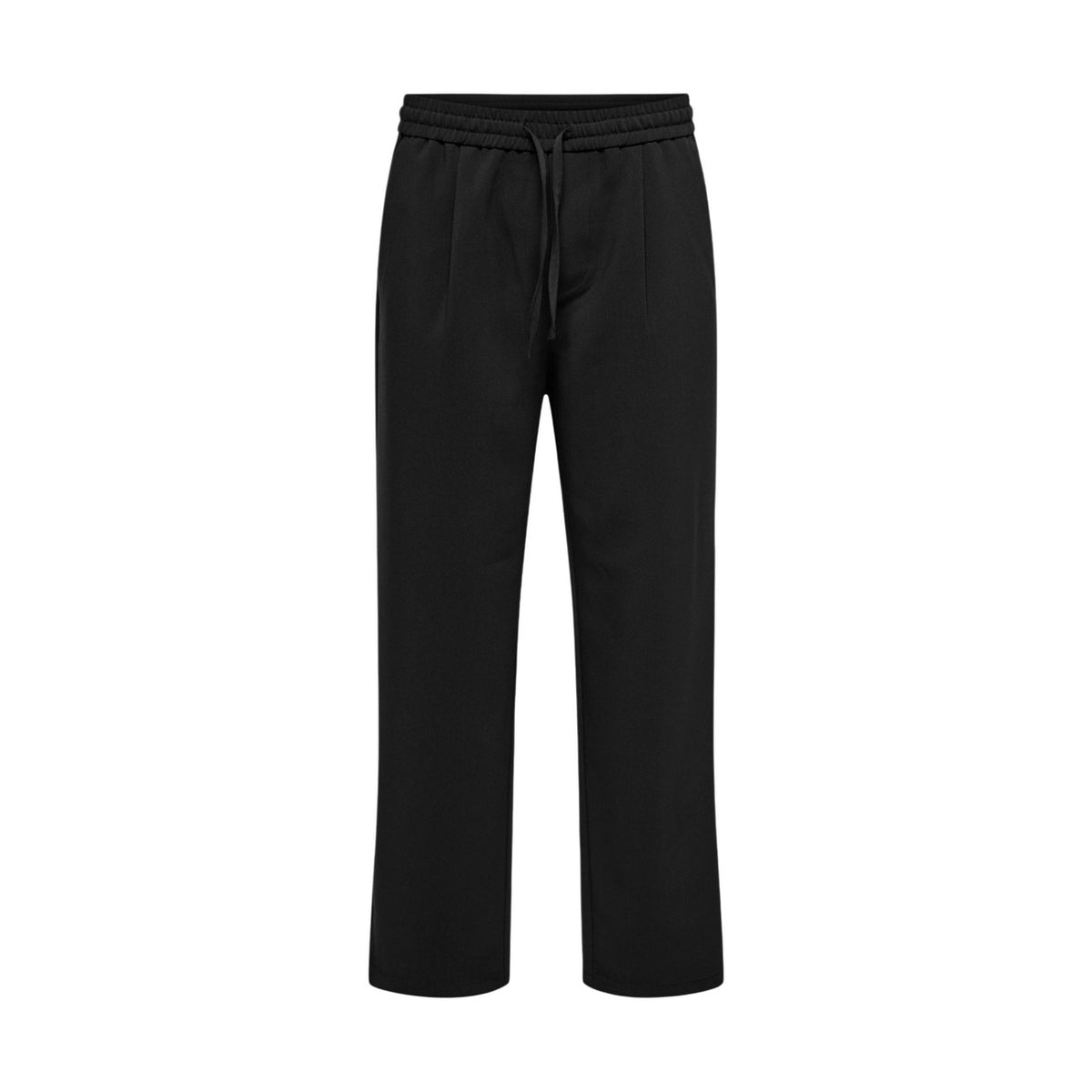 Pantaloni neri loose fit Only & Sons Onswill con coulisse e pieghe frontali, realizzati in poliestere riciclato e viscosa, ideali per look da ufficio rilassato. Vista frontale stesa