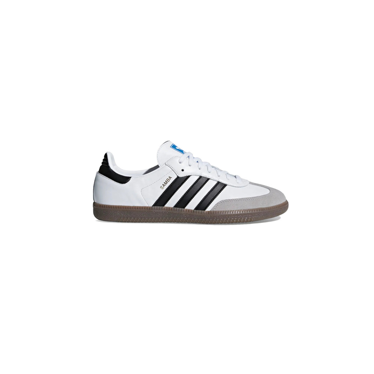 scarpa adidas Originals Samba OG, con tomaia in pelle pieno fiore bianca, rivestimenti in suede grigio e le iconiche 3 strisce nere Vista laterale