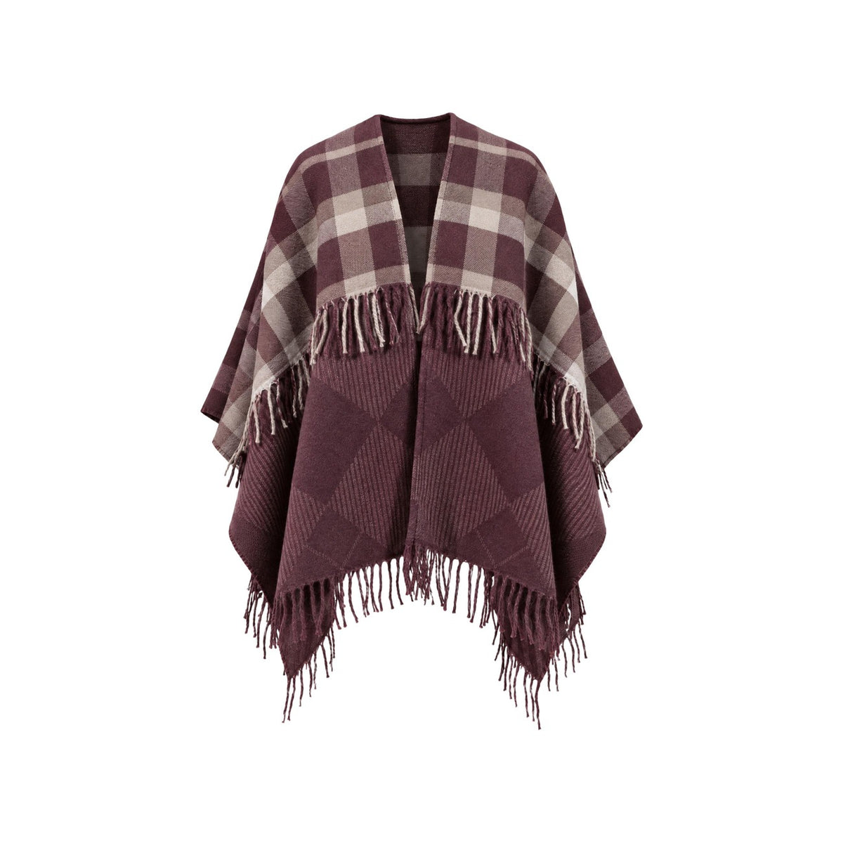 Poncho coprispalle donna Pieces bordeaux beige – Mantella a quadri scozzese con frange 17166846.