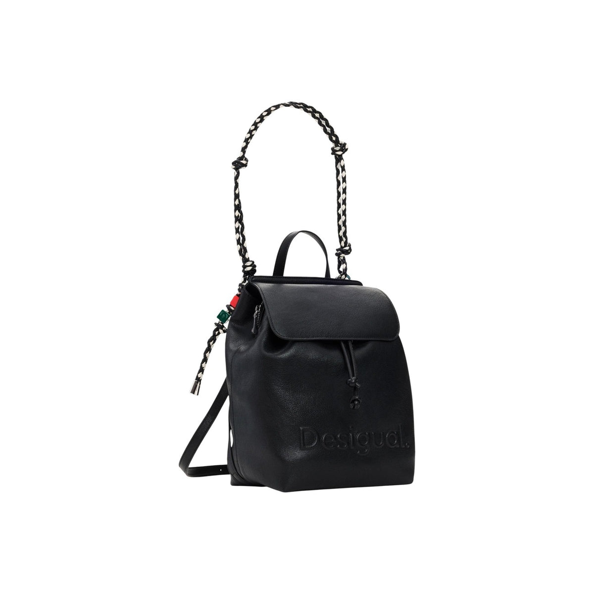Zaino nero medio con tracolla convertibile in borsa, dettagli intrecciati, stampa traforata e bordi rifiniti con cordoncino intrecciato.
Vista frontale laterale