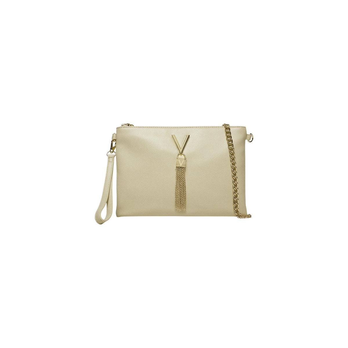 Valentino beige Bags Divina VBS1R419G, pochette con tracolla a catena e nappina dorata; design effetto martellato con chiusura a zip, accessorio versatile per cerimonie o uso quotidiano. Vista frontale