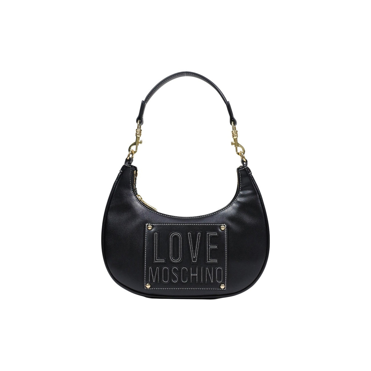 Borsa Love Moschino donna nera spalla modello JC4068PP1. Borsetta hobo piccola nera con manico singolo robusto, logo metallico dorato lucido in rilievo sul davanti e chiusura con cerniera, stile casual chic ed elegante da giorno o sera.