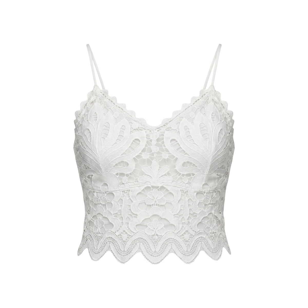 Morgan De Toi OBEAU Top; stile brassière con pizzo, 100% poliestere. Il top sottogiacca iconico per un look romantico e moderno. Colore bianco. Vista frontale Stesa