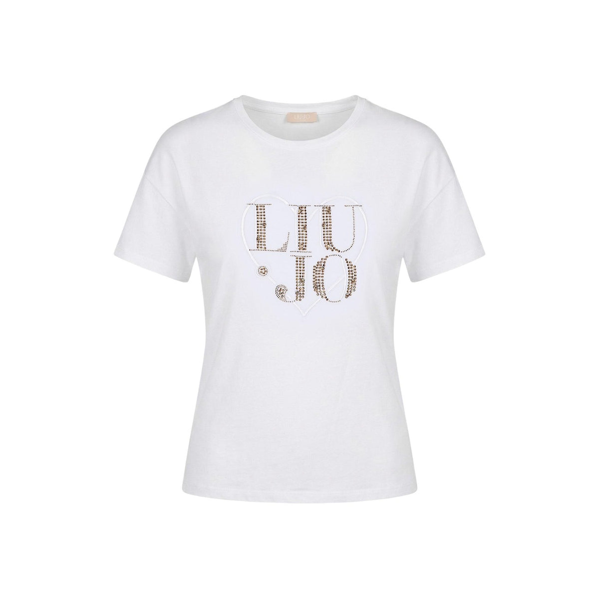 Liu Jo T-shirt Logo Luminoso; 100% cotone, maniche corte, taglio dritto, dettagli brillanti. L'essenziale prezioso per ogni stagione. Colore bianco vista frontale stesa