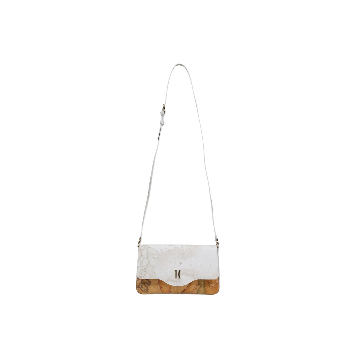 Tracolla Alviero Martini Prima Classe Geo White; 58% PVC, 34% Cotone. Design compatto, chiusura a zip, metalleria dorata. Borsa piccola donna, stile iconico e versatile 4 stagioni. Vista con tracolla