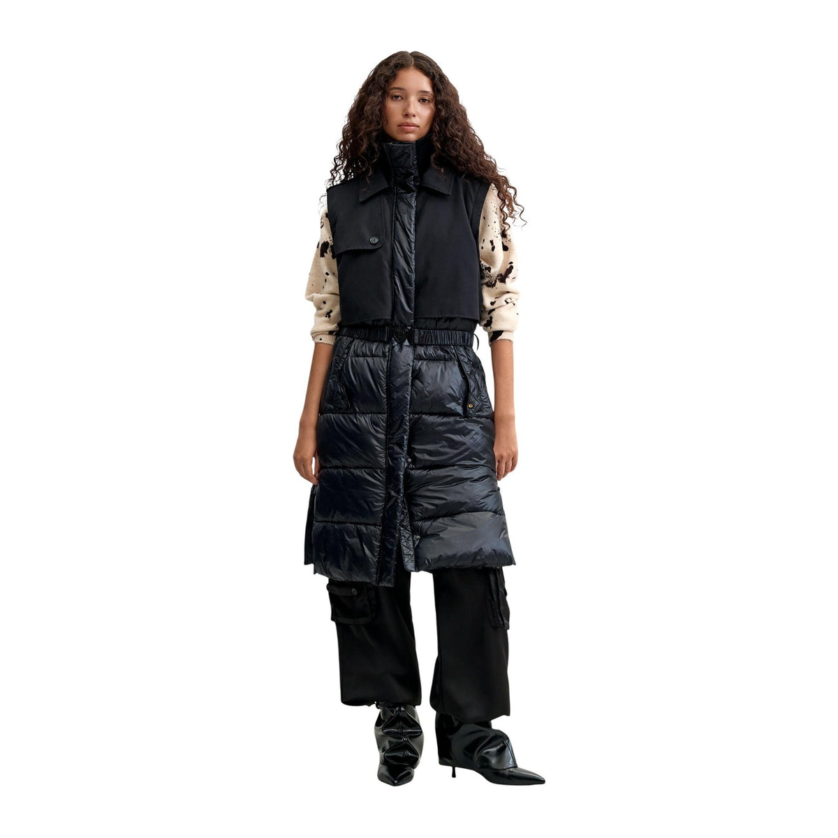 Piumino lungo nero donna Desigual – Cappotto lucido staccabile con cintura 26WWEW352000.