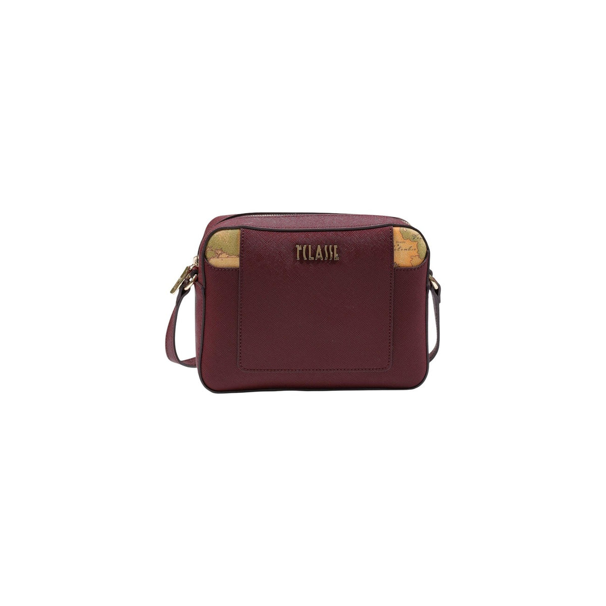 Borsa piccola tracolla donna Alviero Martini Prima Classe L LF78 9407. Pochette a tracolla da donna con dettagli mappa Geo agli angoli, scritta logo dorata e dimensioni 21x16x6 cm. Bordeaux