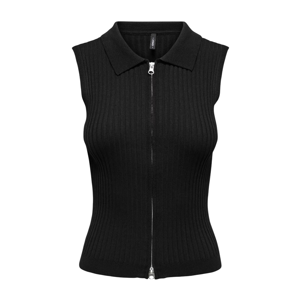 Only Onlmeddi Life Zip Gilet; 70% viscosa, 30% nylon, costine verticali, zip bidirezionale, colletto polo. L'essenziale chic per il layering quotidiano. Colore nero vista frontale