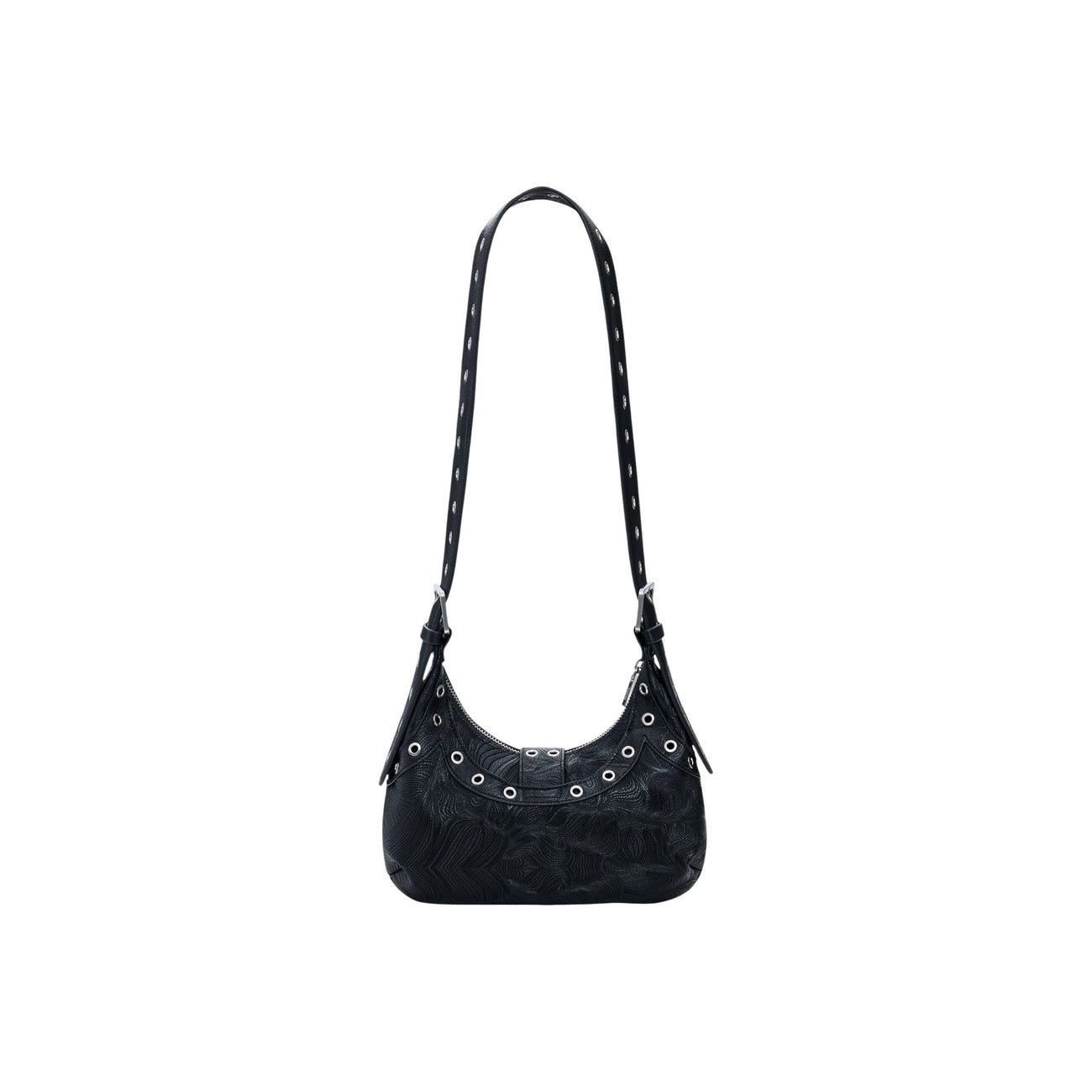 Borsa di medie dimensioni con tessuto effetto pelle di colore nero, chiusura superiore e manico corto regolabile. Presenta dettagli metallici circolari distribuiti sul davanti e sul retro.
Vista posteriore con tracolla