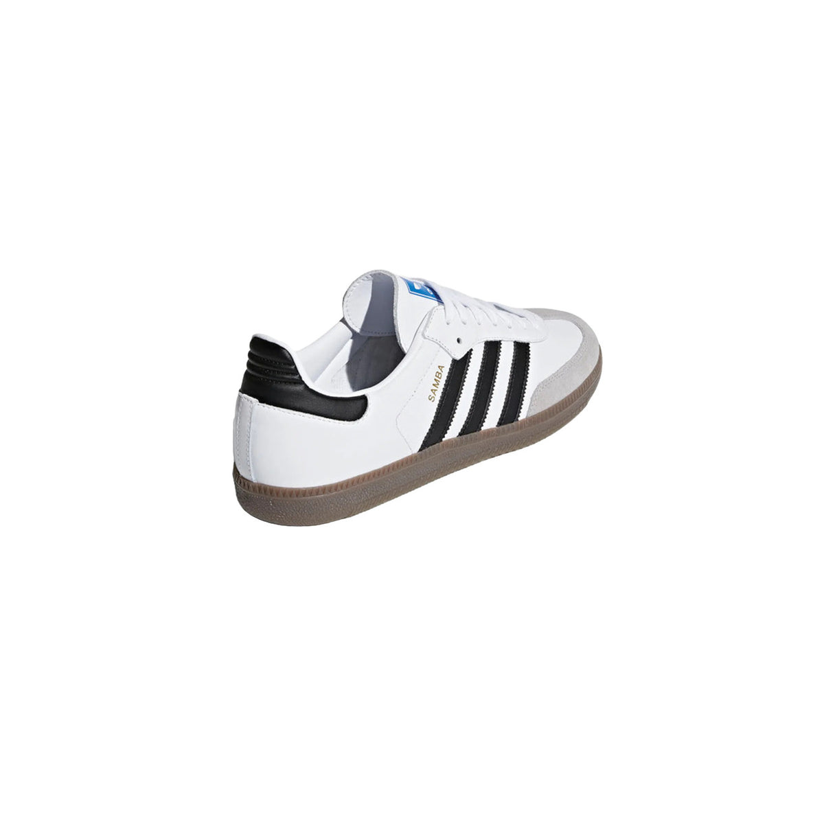 scarpa adidas Originals Samba OG, con tomaia in pelle pieno fiore bianca, rivestimenti in suede grigio e le iconiche 3 strisce nere Vista posteriore laterale